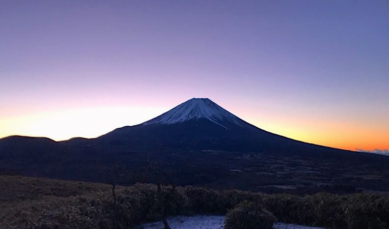 Mountain Fuji at sunrise orange sky