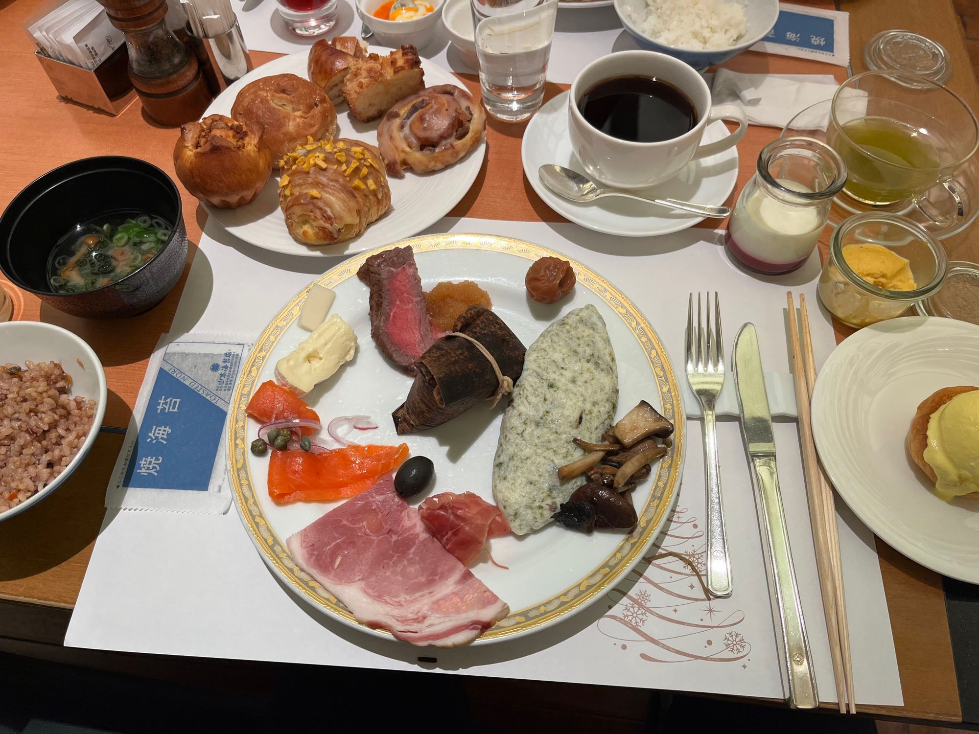 Breakfast Buffet in Japan with omlette and steak